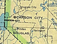 Figure1. VirginiaCity -- areacircledandenlarged above --is situated southeast of Reno in the aridVirginiaRangeof northern Nevada.