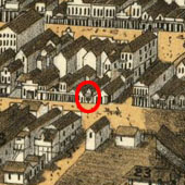 Figure4. Section of VirginiaCity as shown in 1875Bird's EyeView.TheBostonSaloon is shown -- circled and enlarged -- at thecornerof DandUnion Streets. Library of Congress OnlinePanoramicMaps.