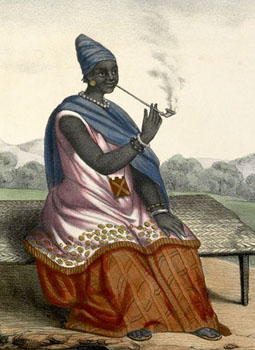 Wolof Queen Ndet-Yalla, Senegal, showing her robes and bead jewelry, 1850s; based on a drawing made from life by a Senegalese Catholic priest.  For details, see http://hitchcock.itc.virginia.edu/Slavery, Image Reference Boilat03.